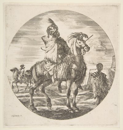 Cavaliere moresco di profilo rivolto a destra, uno schiavo nero che tiene una pelliccia a destra, ca. 1651 da Stefano della Bella