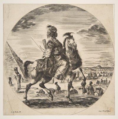 Cavaliere moresco di profilo rivolto a destra, sullo sfondo una piramide a sinistra, molte figure..., ca. 1651 da Stefano della Bella