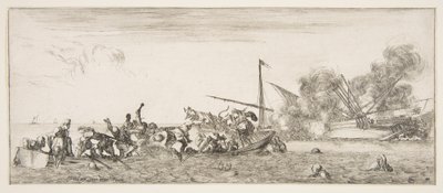 Battaglia navale, una barca a remi piena di persone che combattono con moschetti a sinistra, persone che affogano..., ca. 1641 da Stefano della Bella