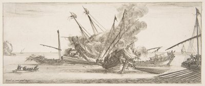 Combattimento navale, una nave al centro, vista da dietro, che spara a quattro navi nemiche, ca. 1641 da Stefano della Bella