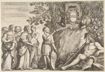 Disegno ornamentale per una tesi, stemma degli Strozzi in alto, ca. 1660 da Stefano della Bella