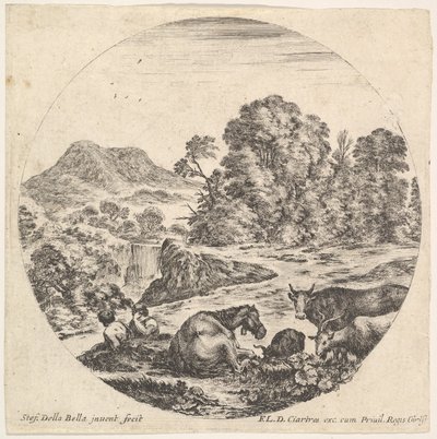 Tavola 10: un cavallo sdraiato al centro, una mucca e due capre a destra, due seduti..., ca. 1643-48 da Stefano della Bella