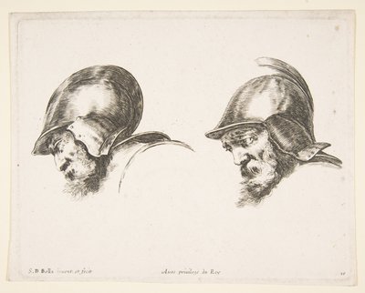 Due teste di vecchi soldati con elmi, entrambi rivolti a sinistra e guardando in basso, ca. 1641 da Stefano della Bella