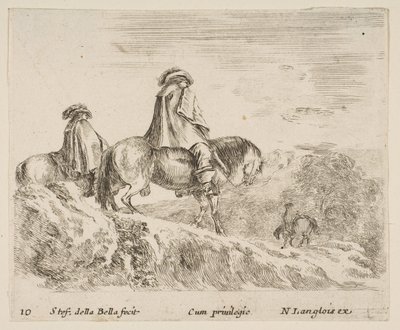 Tavola 10: due cavalieri che scendono da una montagna a sinistra, un altro cavaliere a destra da Stefano della Bella