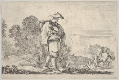 Tavola 11: un contadino con un cappello al centro, che cammina verso destra, un cavallo discende, ca. 1641 da Stefano della Bella