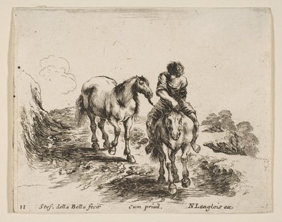 Tavola 11: un giovane cavaliere, visto di fronte, che conduce un altro cavallo, da Diversi... da Stefano della Bella