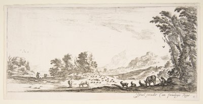 Tavola 11: pastorella seduta a destra sotto un albero, osservando il suo gregge a sinistra, ca. 1641 da Stefano della Bella