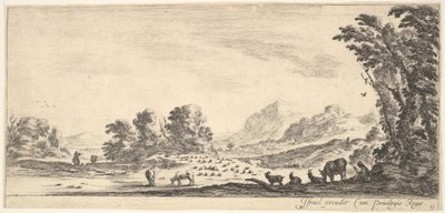 Tavola 11: pastorella seduta a destra sotto un albero, osserva il suo gregge a sinistra, ca. 1641 da Stefano della Bella