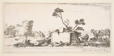 Tavola 12: un disegnatore seduto a sinistra, un pastore in piedi accanto a lui a destra, rovine, ca. 1641 da Stefano della Bella
