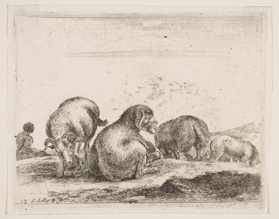 Pecore e ariete in un pascolo, da Diversi animali da Stefano della Bella