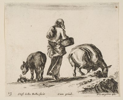 Piatto 13: una contadina, vista da dietro, con un cesto al centro, un asino..., ca. 1644-47 da Stefano della Bella