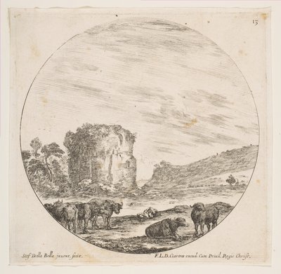 Tavola 13: rovine di un tempio in un paesaggio romano, da Paesaggi e rovine romane da Stefano della Bella