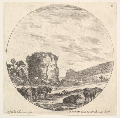Tavola 13: rovine di un antico tempio sullo sfondo, un gregge di mucche in primo piano, ca. 1643-48 da Stefano della Bella