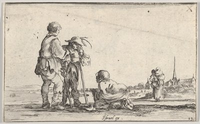 Piatto 13: due contadini in piedi a sinistra, un zoppo inginocchiato a terra al centro da Stefano della Bella