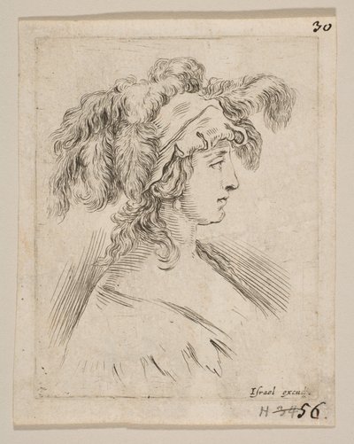 Tavola 15: mezzobusto di una giovane donna di profilo con un cappello ornato di piume, ca. 1649 da Stefano della Bella