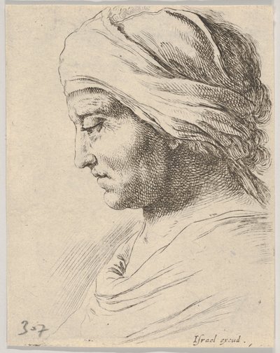 Piatto 16: testa di un vecchio di profilo con un panno legato intorno alla testa, da The B..., ca. 1649 da Stefano della Bella