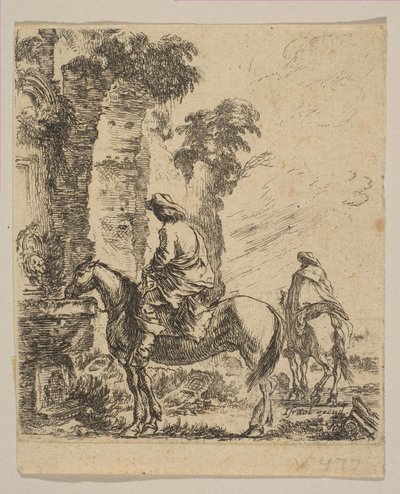 Piatto 19: Paesaggio con un cavaliere che abbevera il suo cavallo a una fontana, da Vari fi..., ca. 1646 da Stefano della Bella