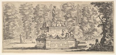 Tavola 1: un monumento con statue e uno stemma al centro, un disegnatore su th..., ca. 1641 da Stefano della Bella