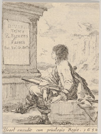 Tavola 1: un giovane seduto su una pietra, rivolto a sinistra in profilo, con un blocco da disegno, 1650 da Stefano della Bella