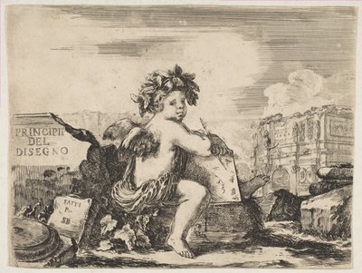 Piatto 1: il genio del disegno, un bambino con ali seduto su una roccia, ca. 1641-43 da Stefano della Bella