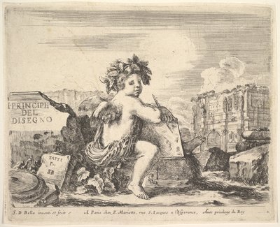Il genio del disegno, un bambino con ali, seduto su una roccia al centro rivolto... da Stefano della Bella