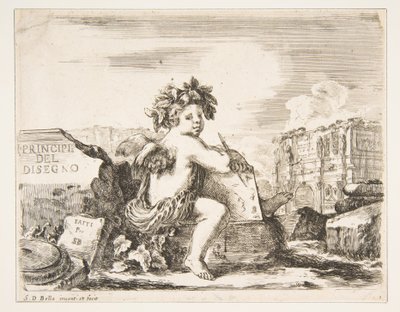 Il genio del disegno, un bambino con ali, seduto su una roccia al centro, ca. 1641-43 da Stefano della Bella
