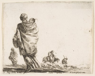Tavola 21: una povera donna a sinistra, vista da dietro, avvolgendo il suo bambino in uno scialle, ca. 1644-47 da Stefano della Bella