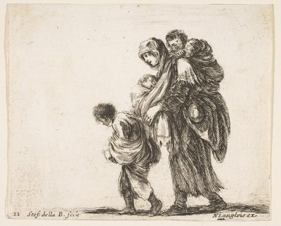 Piatto 22: una mendicante con tre bambini, uno sulle spalle da Stefano della Bella