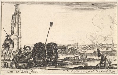 Tavola 2: Un cannone a sinistra, una città sullo sfondo, da Vari Capricci Militari, ca. 1641 da Stefano della Bella
