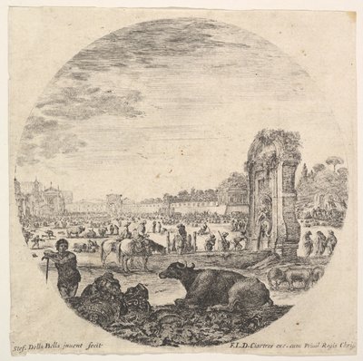 Campo Vaccino, un bufalo e due pastori al centro, il Fontanone a destra da Stefano della Bella