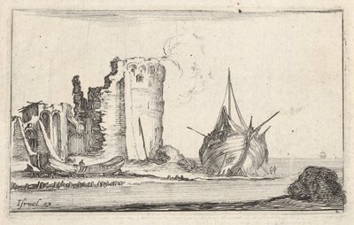 Piatto 2: una nave a destra e una barca a remi a sinistra, arenata sulla riva, una torre in rovina da Stefano della Bella