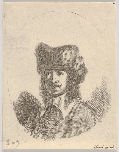 Tavola 2: testa di un uomo con baffi e cappello di pelliccia rivolto a sinistra, una composizione ovale, 1650 da Stefano della Bella