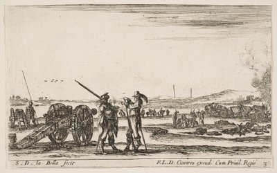 Tavola 3: un ufficiale che dà ordini a un soldato in primo piano, cannone a sinistra, ca. 1641 da Stefano della Bella