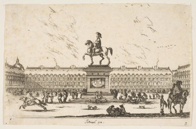 Tavola 3: La Place Royale, statua equestre di Luigi XIII in profilo rivolto a sinistra..., 1642 da Stefano della Bella