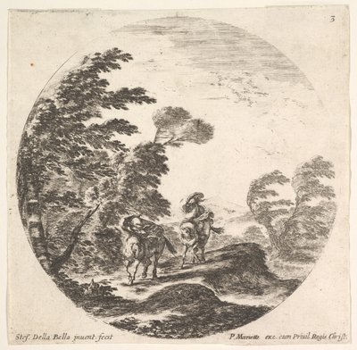 Tavola 3: una tempesta nella foresta, due cavalieri avvolti nei loro mantelli, il vento soffia da Stefano della Bella