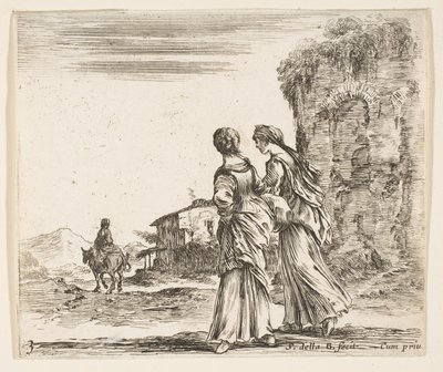 Tavola 3: due ragazze che camminano verso sinistra, viste da dietro, una donna a cavallo t..., ca. 1644-47 da Stefano della Bella