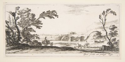 Tavola 3: due cavalieri che attraversano un fiume a destra, una donna con due cesti sopra un asino, ca. 1641 da Stefano della Bella