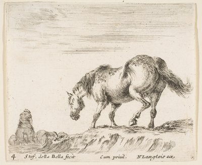 Tavola 4: un cavallo di profilo rivolto a sinistra, in procinto di scendere da un tumulo, un cavallo..., ca. 1644-47 da Stefano della Bella