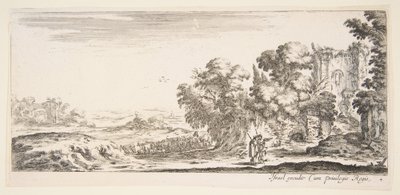 Due pellegrini osservano rovine a destra, uno indica verso destra, un pastore, ca. 1641 da Stefano della Bella