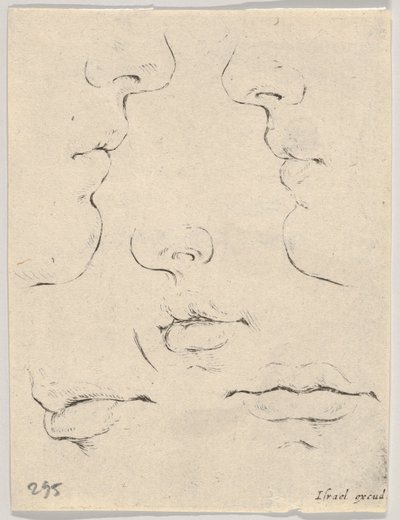 Tavola 4: due profili e tre bocche, da Il libro per imparare a disegnare Livre po..., ca. 1649 da Stefano della Bella