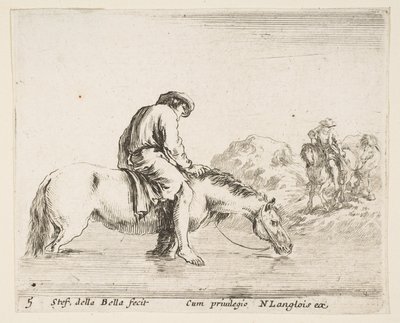 Tavola 5: un contadino a piedi nudi a cavallo che attraversa un fiume, un altro contadino a cavallo..., ca. 1644-47 da Stefano della Bella