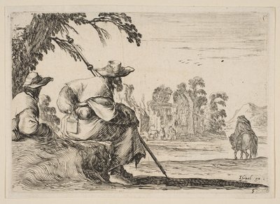 Due pellegrini con cappelli riposano a sinistra, visti da dietro, un cavaliere cavalca verso, 1642 da Stefano della Bella