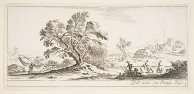 Tavola 6: un pescatore che porta una rete a sinistra, due cavalieri in un ruscello a destra, un albero, ca. 1641 da Stefano della Bella