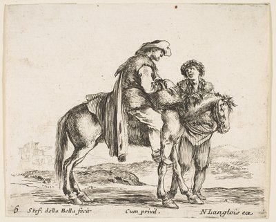 Tavola 6: un contadino a cavallo di profilo rivolto a destra, con un cesto e t..., ca. 1644-47 da Stefano della Bella