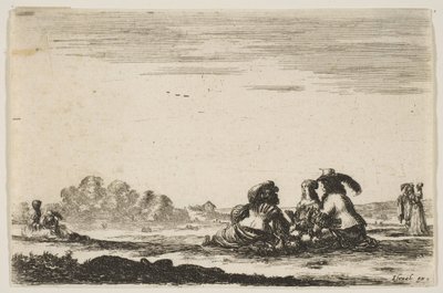 Tavola 7: Due nobili seduti al centro, visti da dietro, conversano con una nobildonna, 1642 da Stefano della Bella