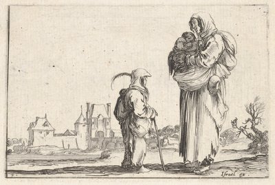 Tavola 7: una contadina che porta un bambino a destra, parlando con un altro bambino in piedi..., ca. 1642 da Stefano della Bella