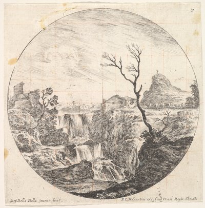 Tavola 7: una tripla cascata, un albero morto a destra, una montagna e un gregge di mucche, ca. 1643-48 da Stefano della Bella