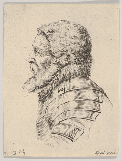 Tavola 7: busto di un soldato barbuto con armatura, rivolto a sinistra in profilo, da Vari elmi, 1650 da Stefano della Bella