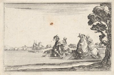 Tavola 8: due cavalieri con cappelli a destra, ciascuno con una donna seduta dietro di loro, ca. 1642 da Stefano della Bella