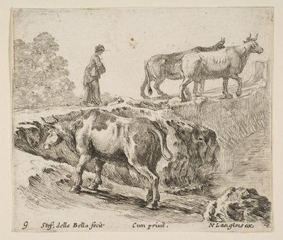Tavola 9: una mucca che sale una riva, una contadina che conduce due mucche attraverso un ponte, ca. 1644-47 da Stefano della Bella